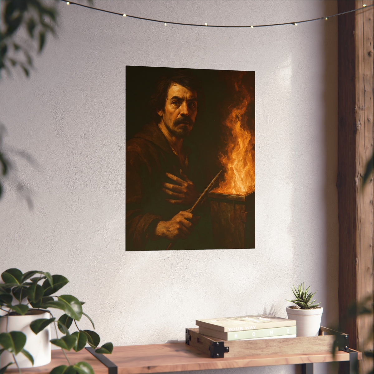 Man holding a long wooden stick, hand on chest, before a burning bin. Self-Portrait with Mahlstick by Garabaggio, fine art print hanging in a room.