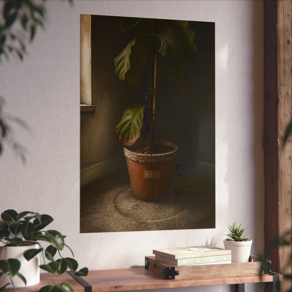 A leafy potted fig staked to a cane in a taped clay pot beside a window. The Corner by the Window by Garabaggio, fine art print hanging in a room.
