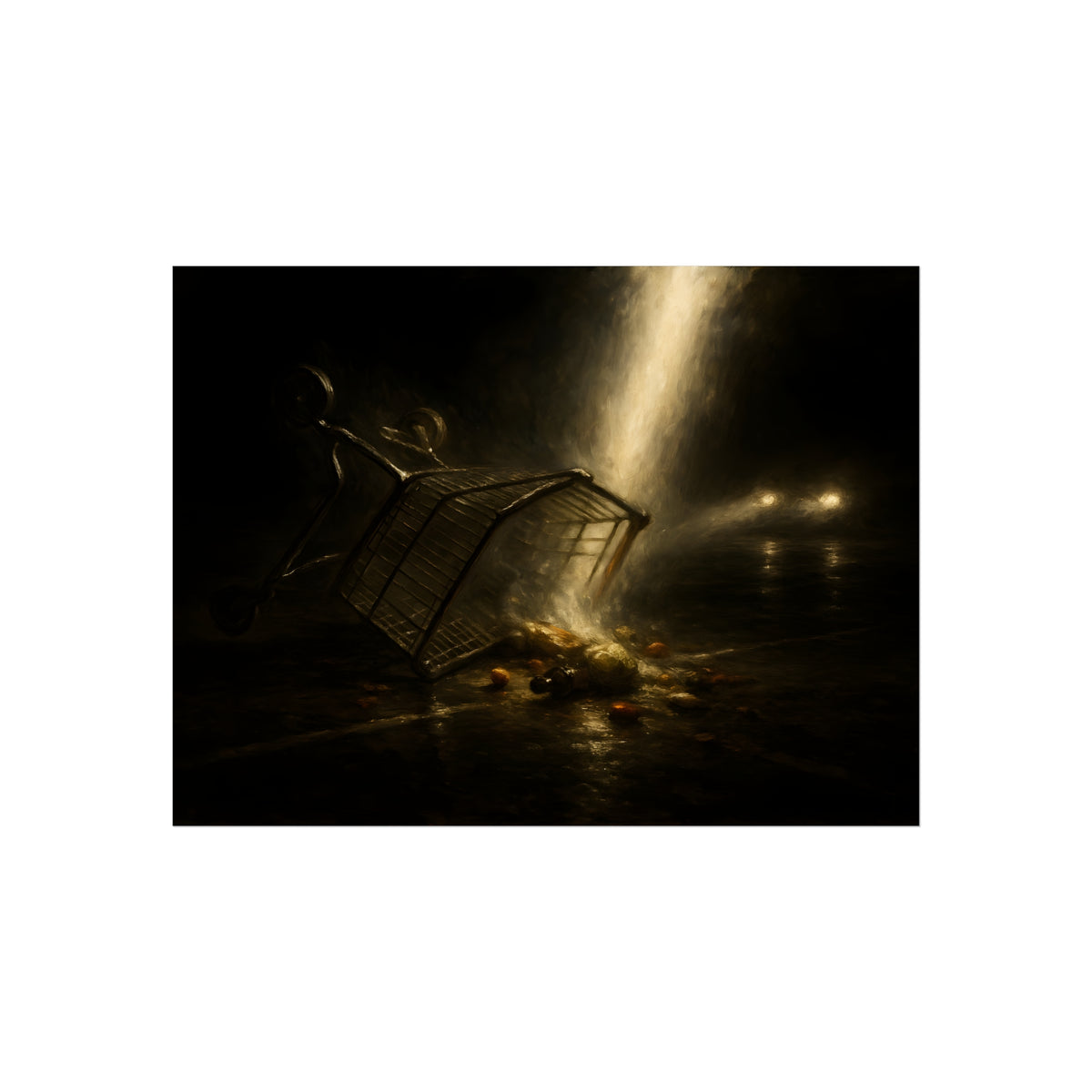 A tipped shopping cart spilling groceries in a shaft of light. The Conversion of the Shopping Cart by Garabaggio, fine art print hanging in a room.