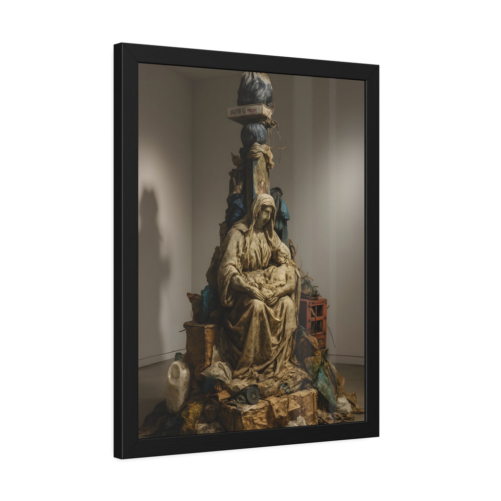 Seated hooded figure cradling a bundle on a mound of bagged refuse. Pietà of the Curbside by Garabaggio, framed fine art print hanging in a room.