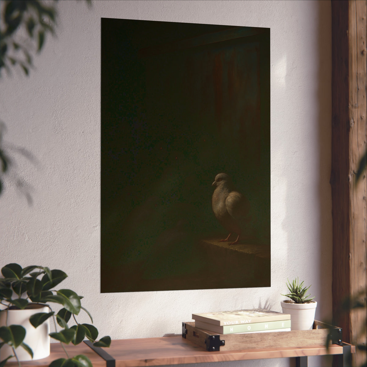 A pale pigeon on a ledge, a dark flock watching from the shadows behind. The Vigil Before the Ascension by Garabaggio, fine art print hanging in a room.