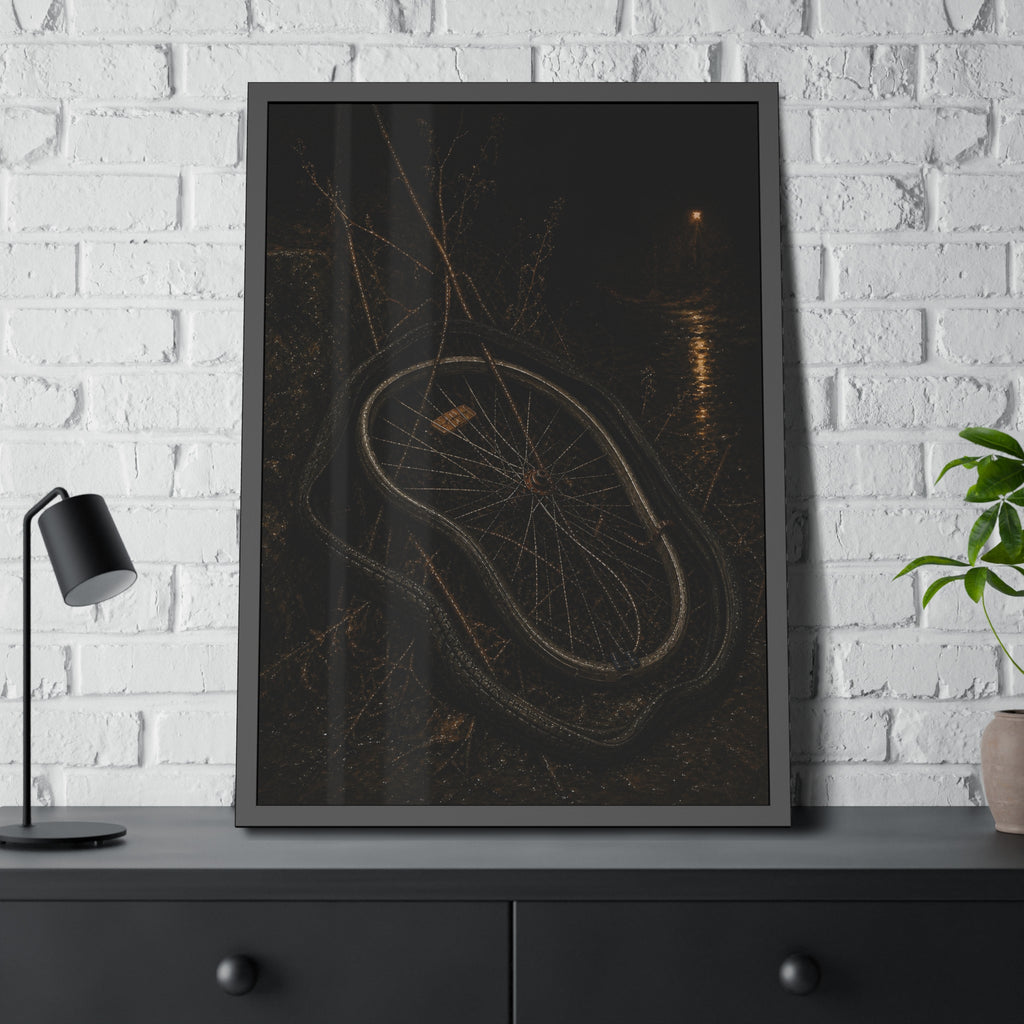 A bare bicycle wheel with its tire coiled around it on wet ground. The Removal of the Tire by Garabaggio, framed fine art print hanging in a room.