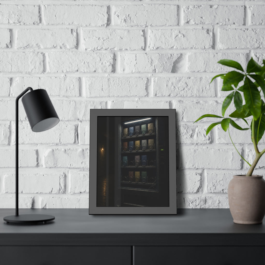 A vending machine with gaps in its rows lighting an empty hallway. The Gaps Spread by Garabaggio, framed fine art print hanging in a room.