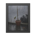 A bare stick in a clay pot on a curb in heavy rain beside trash bags. The Second Rain by Garabaggio, framed fine art print, 11″ x 14″.