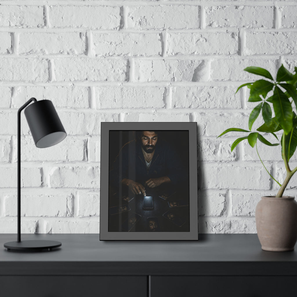 A bearded man at a dark table ringed by phones, one lit screen under his hand. The Congregation of Faces by Garabaggio, framed fine art print hanging in a room.