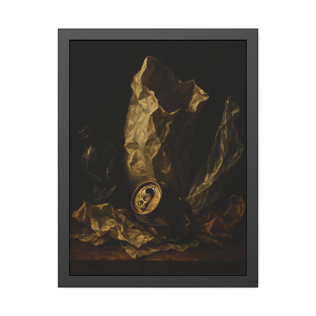 A crushed paper bag, dented can and flattened bottle on a dark table. Vanitas with Crumpled Bag by Garabaggio, framed fine art print hanging in a room.