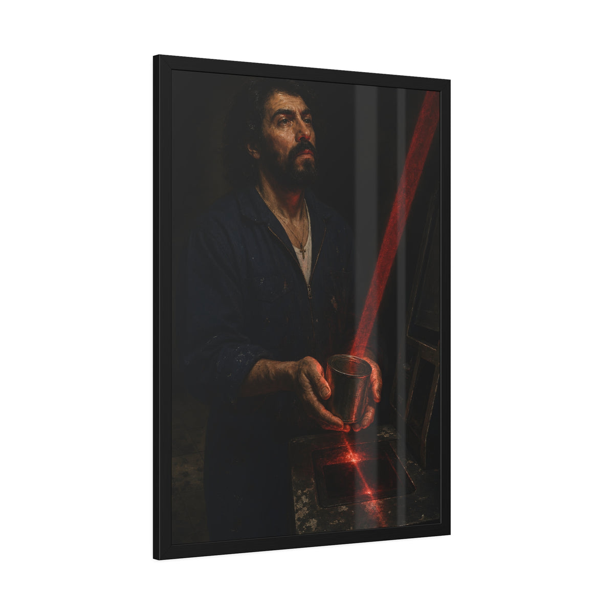 A man in blue coveralls holding a metal cup in a red scanner beam. The First Scan by Garabaggio, framed fine art print hanging in a room.