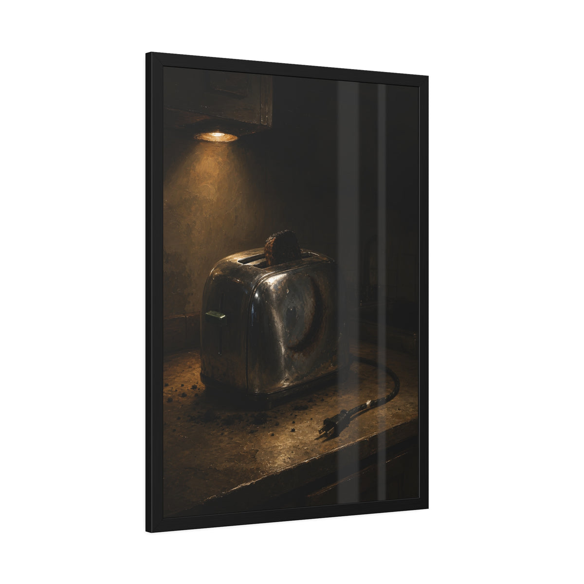 Scorched toaster with burnt toast on a counter under a cabinet light. Breakfast Interrupted by Garabaggio, framed fine art print hanging in a room.