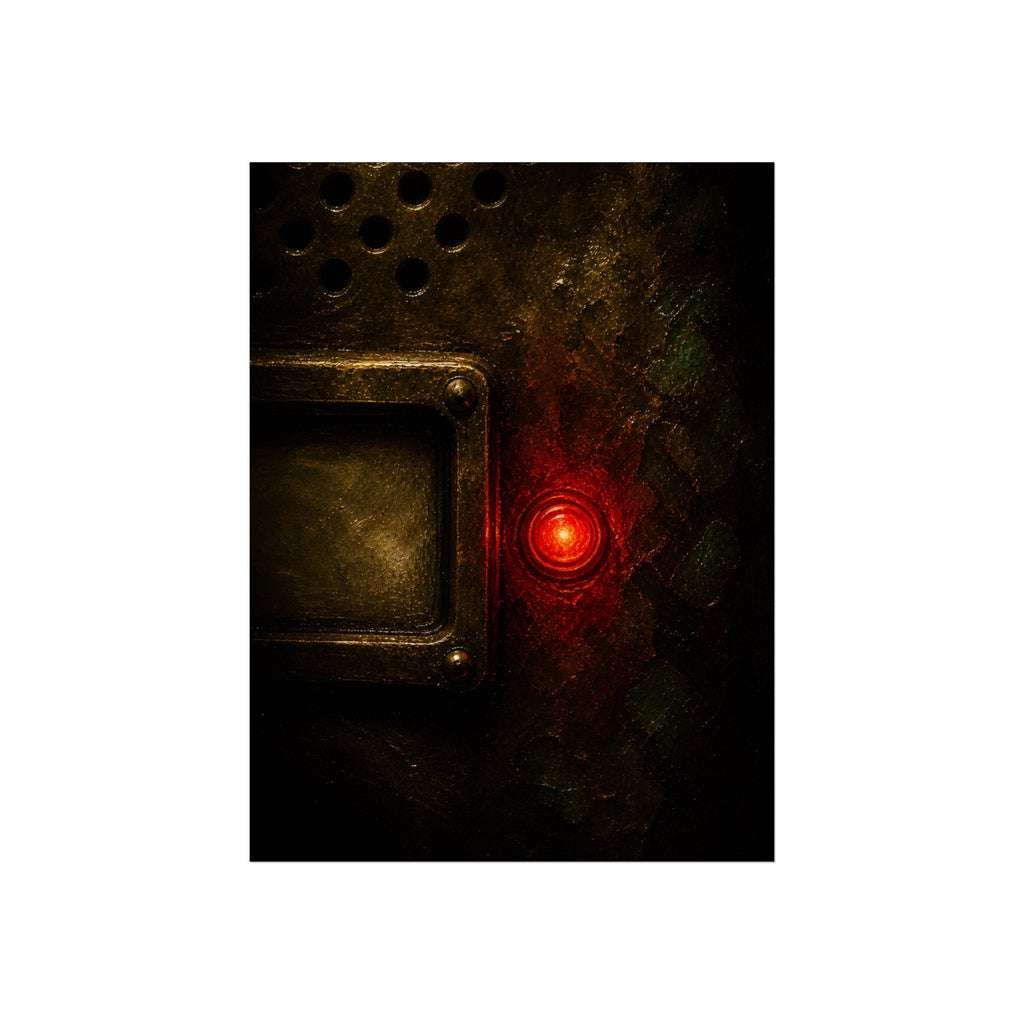 Close view of an intercom panel with one red button glowing in the dark. The Stuck Red Light by Garabaggio, fine art print, 12″ x 16″.