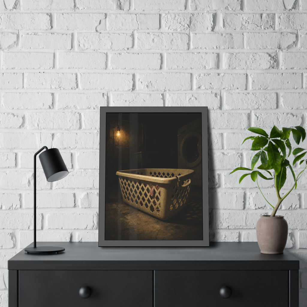 A plastic laundry basket on a basement floor under a bare hanging bulb. The First Split by Garabaggio, framed fine art print hanging in a room.
