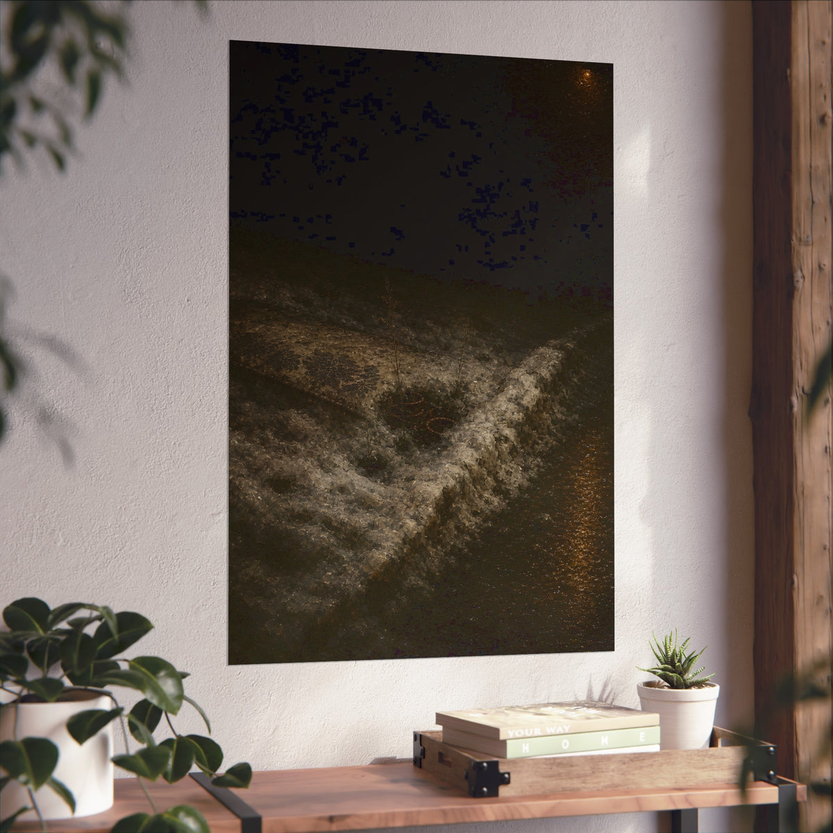 A discarded mattress half buried in snow, a distant streetlight behind. The White Burial by Garabaggio, fine art print hanging in a room.