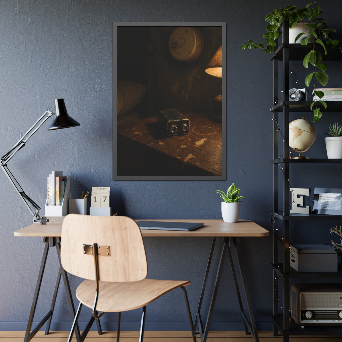 A nine volt battery on a nightstand below a wall smoke detector. The Battery Laid Below by Garabaggio, framed fine art print hanging in a room.