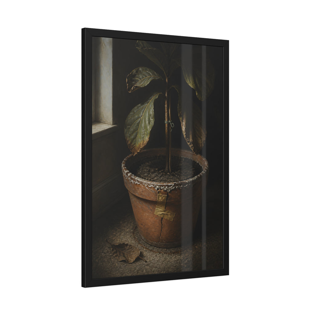A drooping potted plant in a cracked terracotta pot beside a window. The Missed Watering by Garabaggio, framed fine art print hanging in a room.