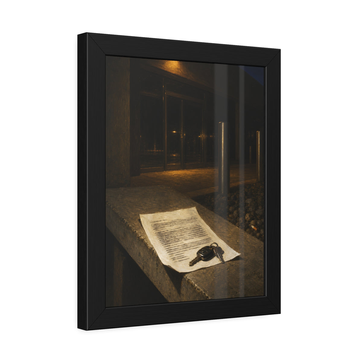 A printed page and car keys on a concrete ledge outside an office at night. The Last Email, Printed by Garabaggio, framed fine art print hanging in a room.