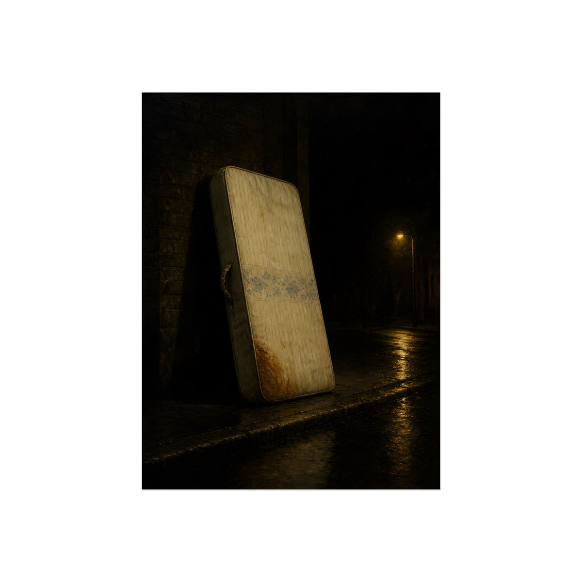 A stained mattress propped on a brick wall along a wet night street. The Presentation Against the Brick by Garabaggio, fine art print, 12″ x 16″.