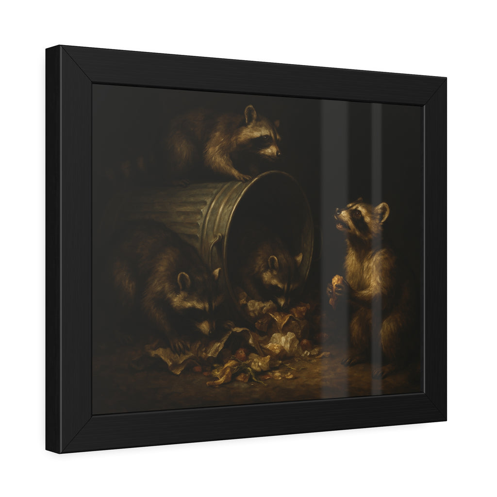 Four raccoons around a toppled metal trash can in the dark. The Last Bite by Garabaggio, framed fine art print hanging in a room.