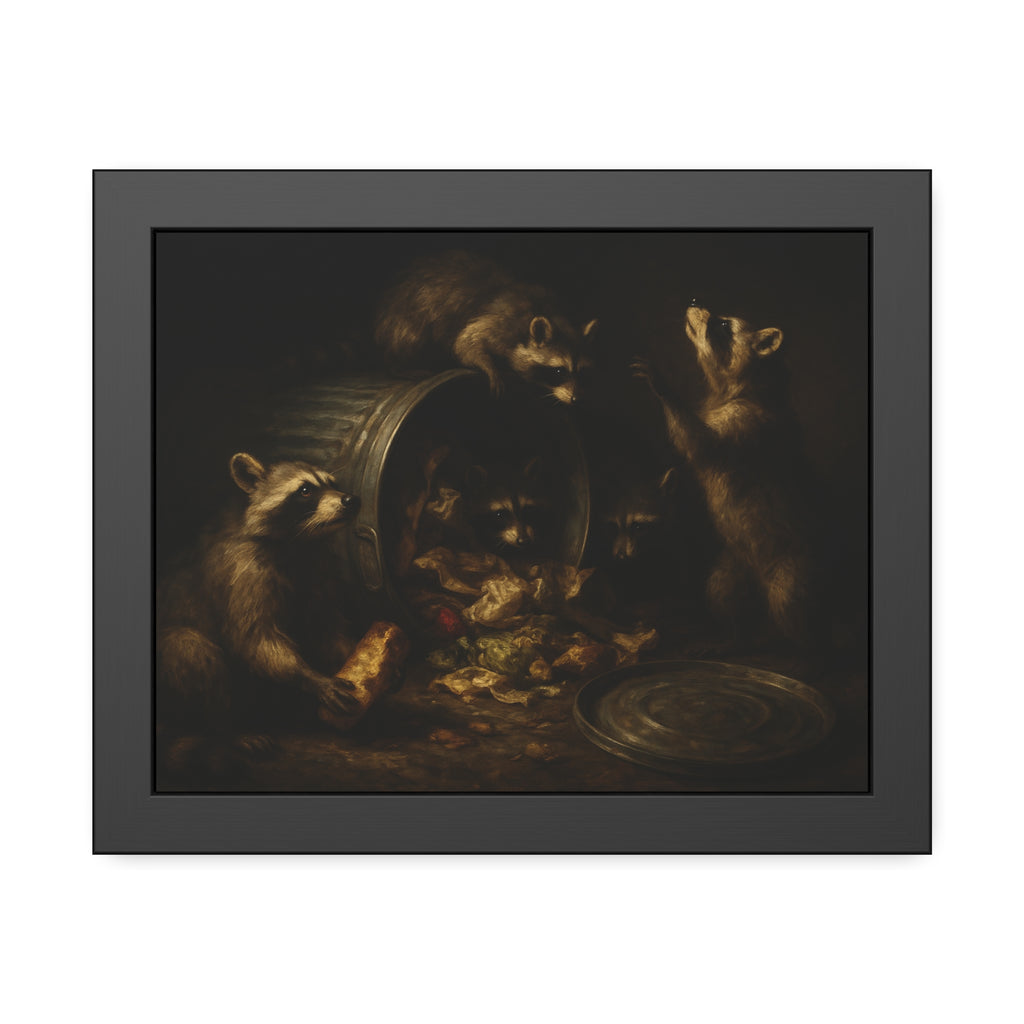 Raccoons around a tipped metal trash can, scattering food scraps. The Vigil of the Midnight Feast by Garabaggio, framed fine art print, 14″ x 11″.