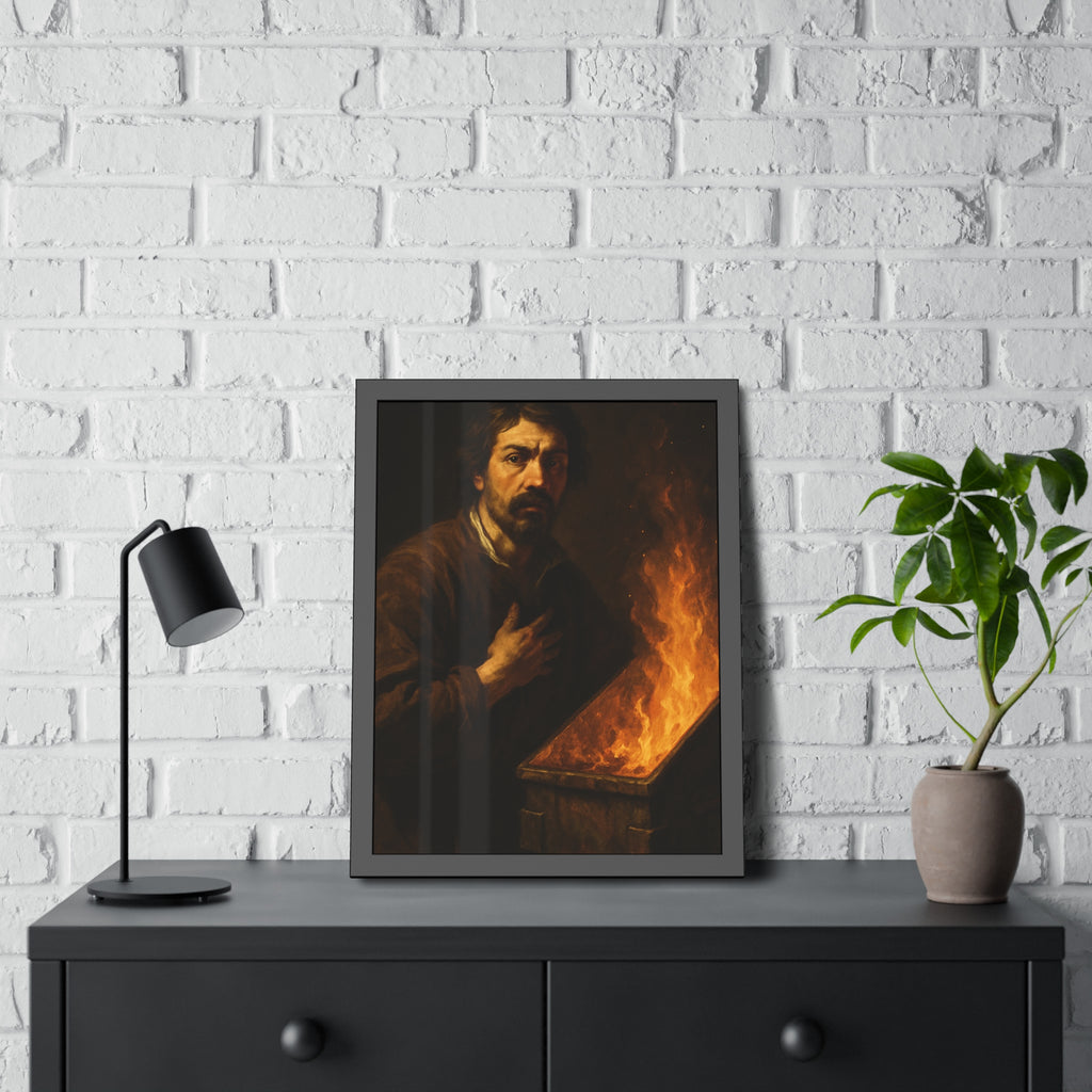 Man with a hand on his chest as flames run the length of a dumpster. Self-Portrait in the Final Hour by Garabaggio, framed fine art print hanging in a room.
