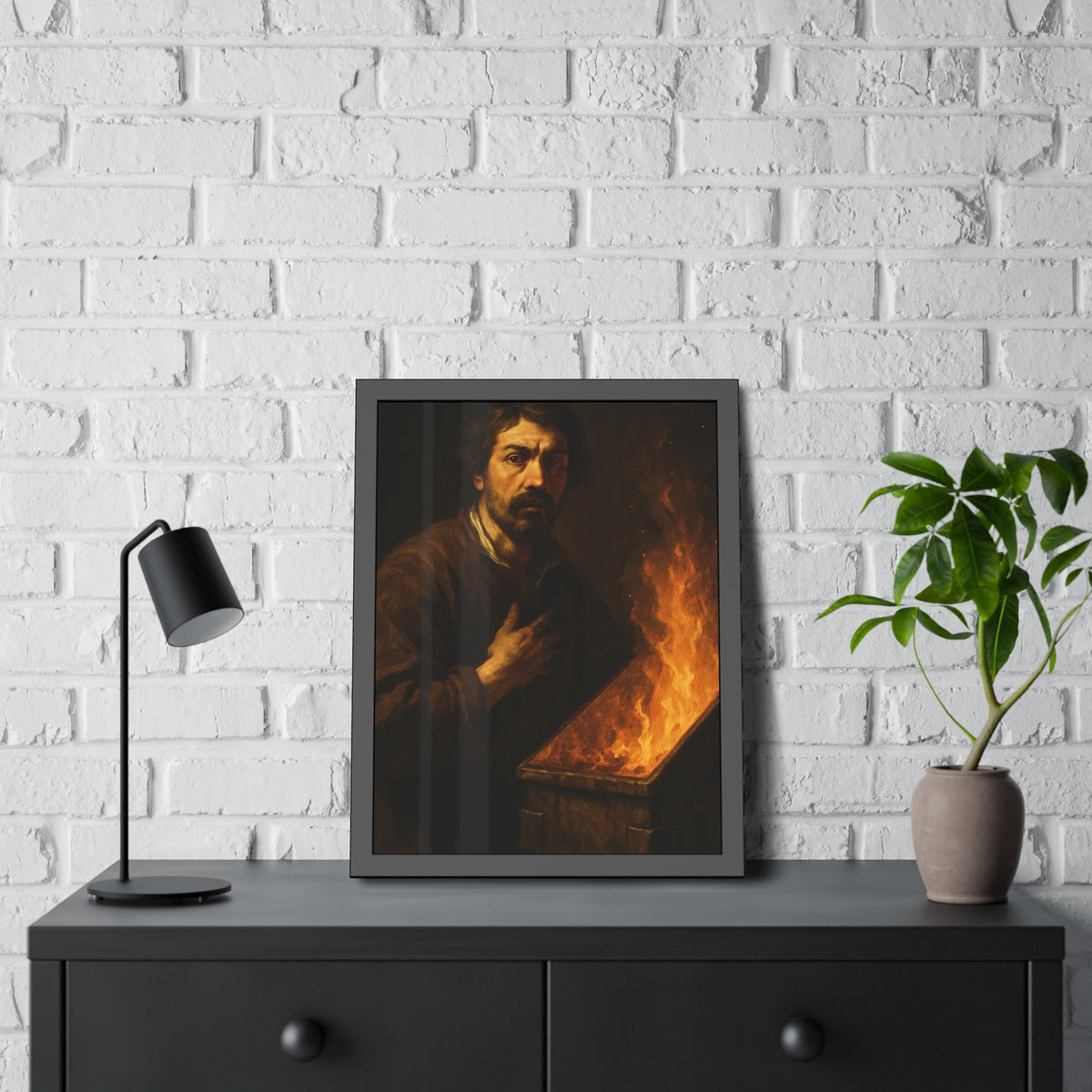 Man with a hand on his chest as flames run the length of a dumpster. Self-Portrait in the Final Hour by Garabaggio, framed fine art print hanging in a room.