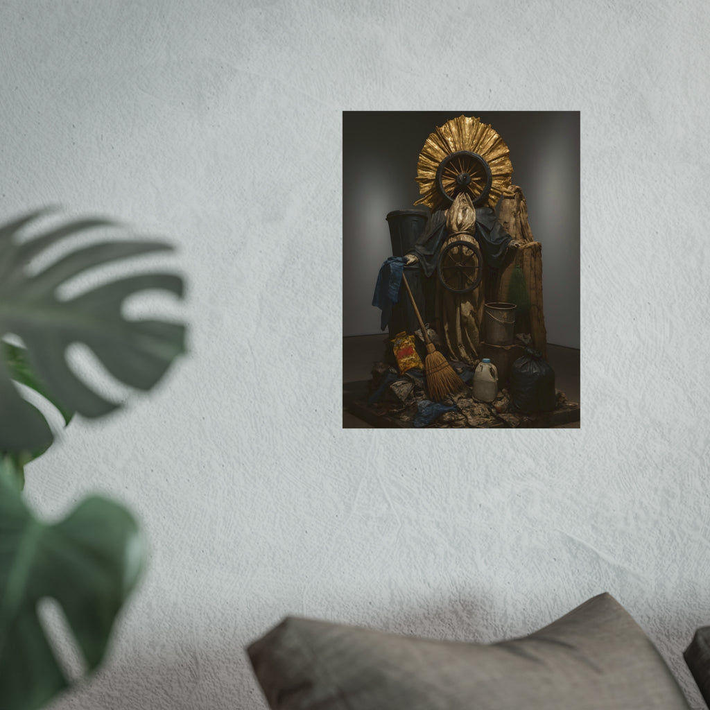 A draped figure with cart wheels above heaped trash. The Martyrdom of Saint Catherine of the Cartwheel by Garabaggio, fine art print hanging in a room.