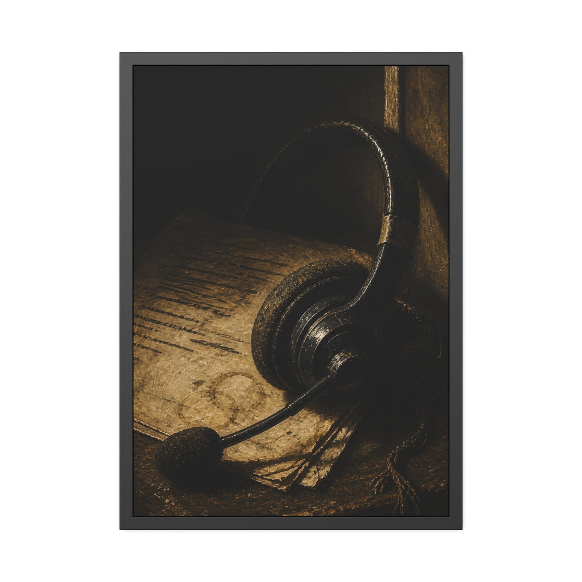 A worn headset resting on a printed script page with coffee rings. The Script Beside the Mouthpiece by Garabaggio, framed fine art print, 28″ x 40″.