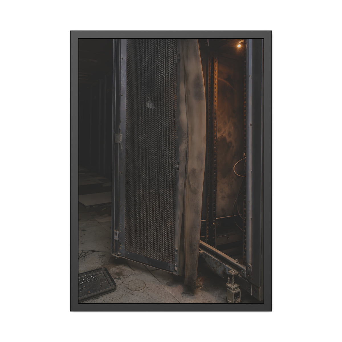 An open server rack cabinet with a mesh door and warm glow inside. The Heat Behind the Doors by Garabaggio, framed fine art print, 28″ x 40″.