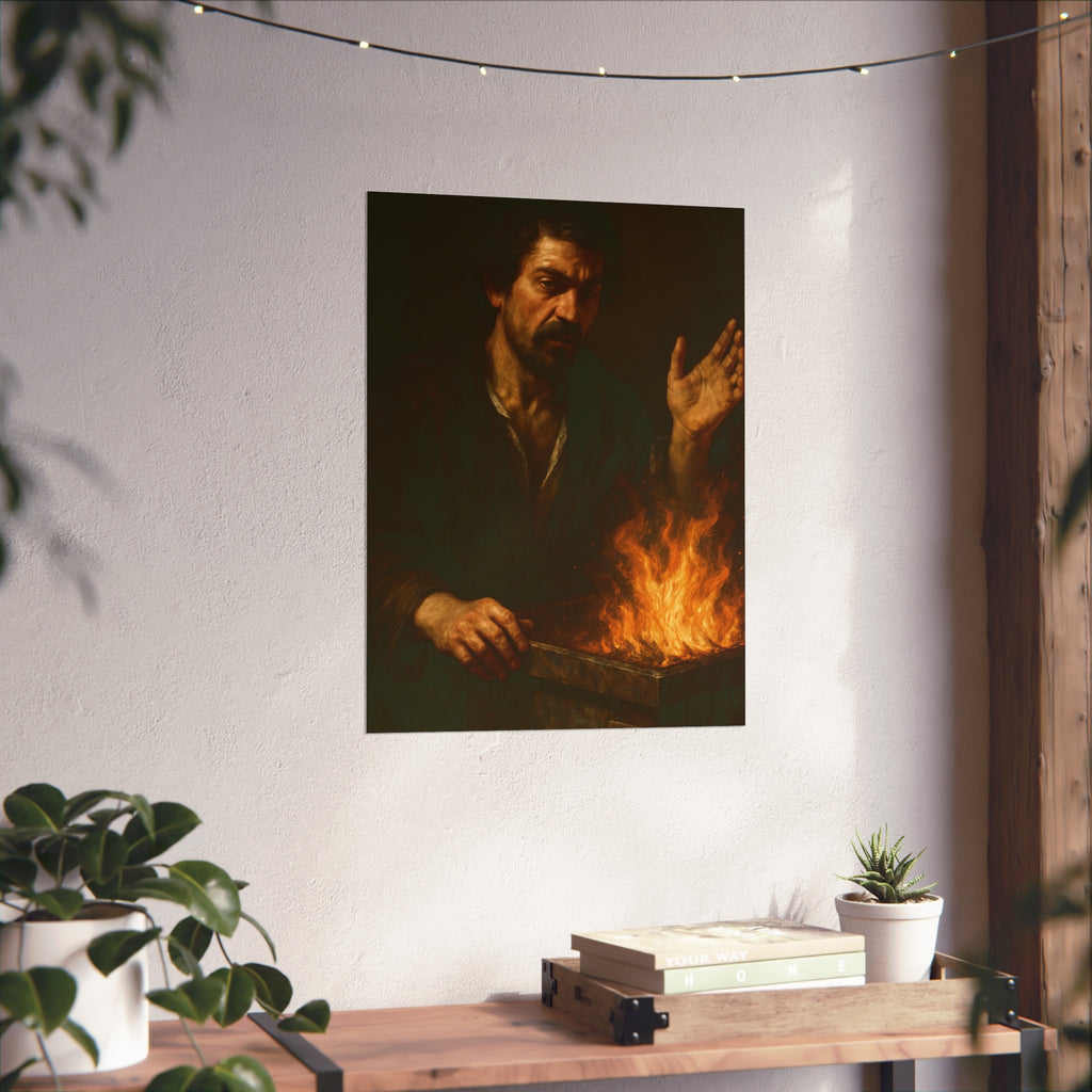 Man holding one hand high over the flames of an open burning bin. Self-Portrait Commanding the Light by Garabaggio, fine art print hanging in a room.
