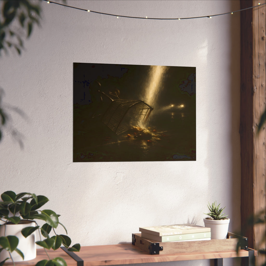 A tipped shopping cart spilling groceries in a shaft of light. The Conversion of the Shopping Cart by Garabaggio, fine art print hanging in a room.