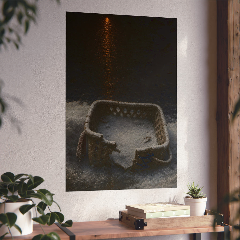 A cracked laundry basket half buried in snow under a distant lamp. The First Snow by Garabaggio, fine art print hanging in a room.