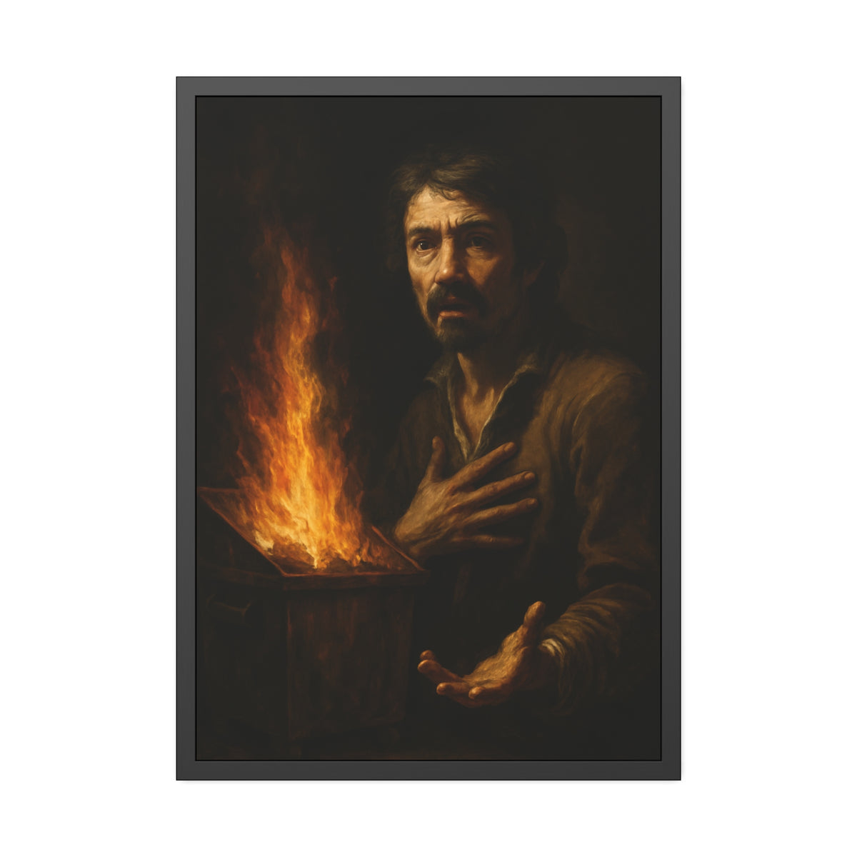 Man reaching an open palm toward a dumpster fire at his left. Self-Portrait as the Doubting Thomas by Garabaggio, framed fine art print hanging in a room.
