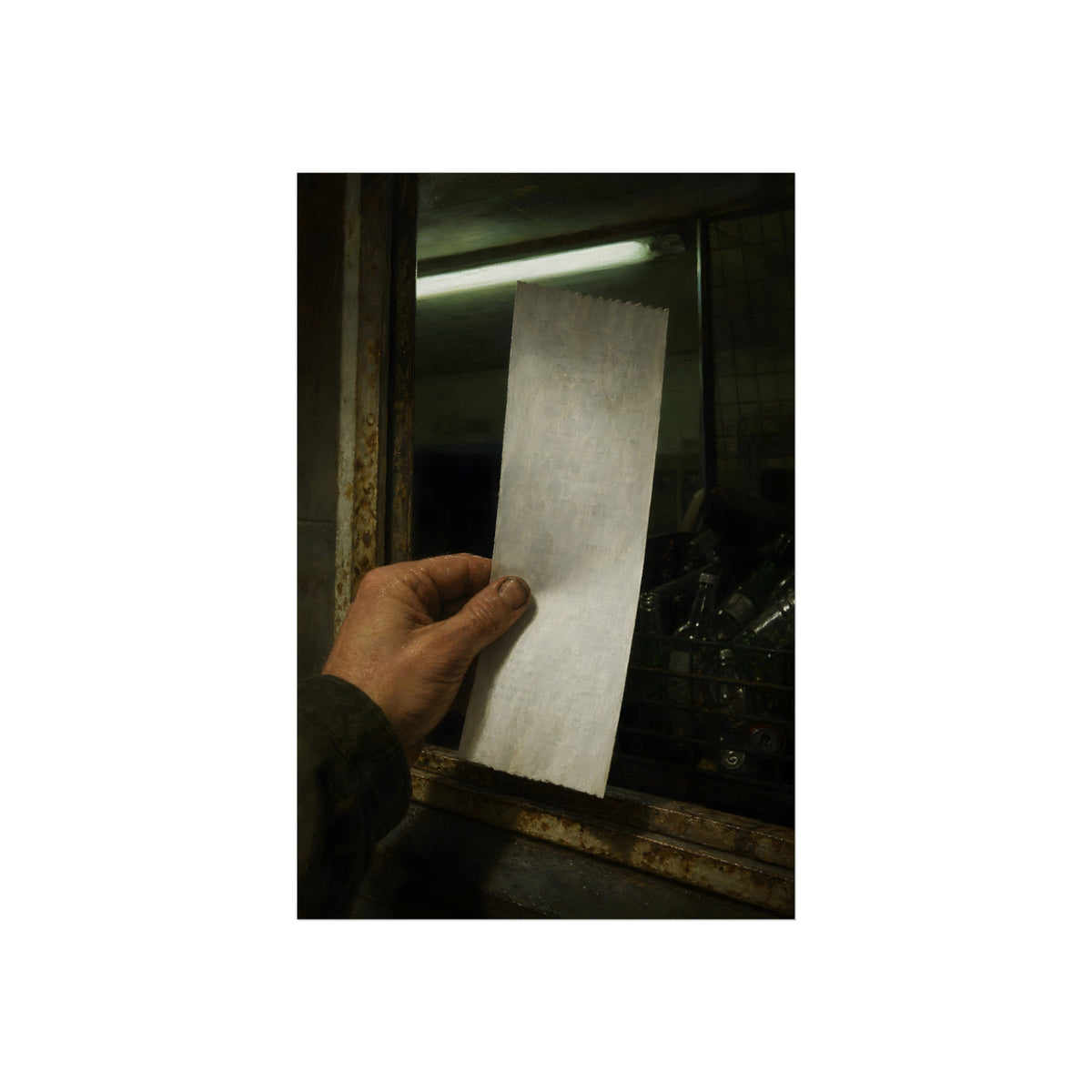 A hand holding a blank slip at a rusted counter window, bottles behind. The Receipt of Absolution by Garabaggio, fine art print, 24″ x 36″.