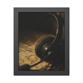 A worn headset resting on a printed script page with coffee rings. The Script Beside the Mouthpiece by Garabaggio, framed fine art print, 11″ x 14″.