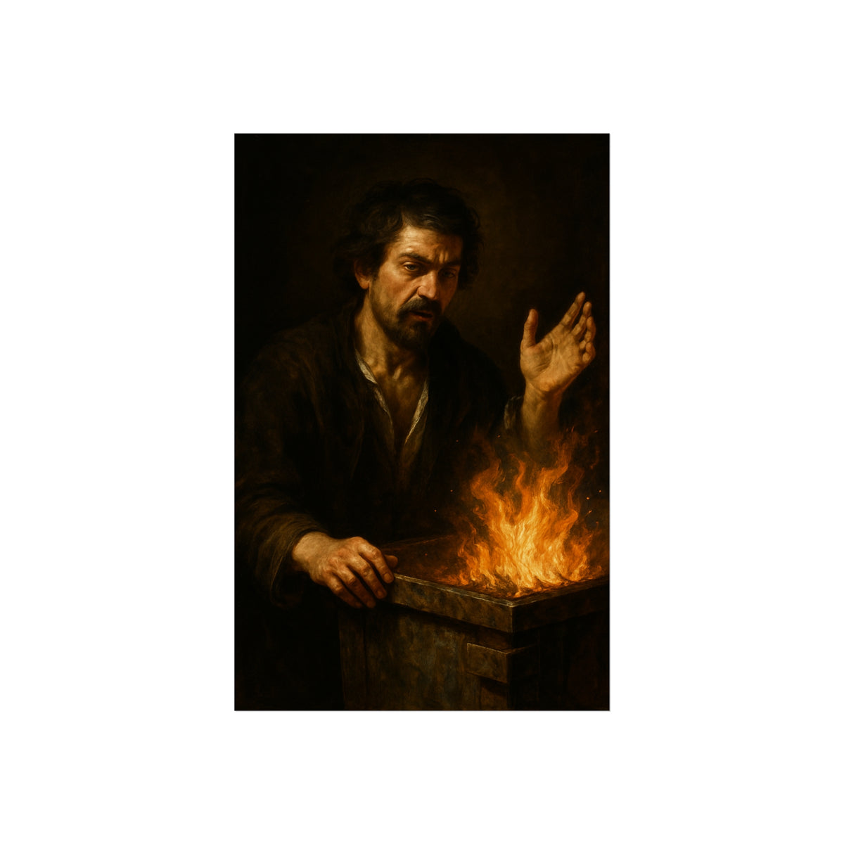 Man holding one hand high over the flames of an open burning bin. Self-Portrait Commanding the Light by Garabaggio, fine art print hanging in a room.