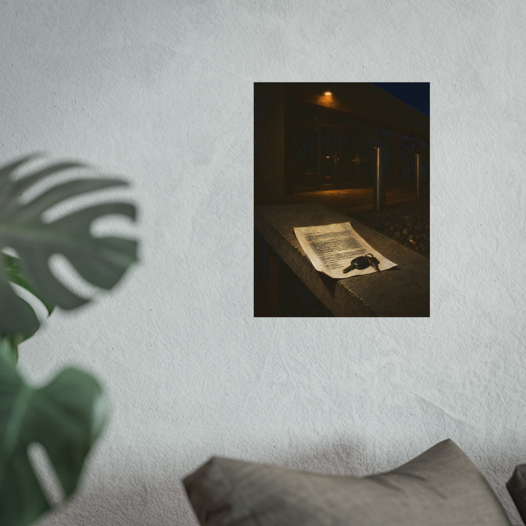 A printed page and car keys on a concrete ledge outside an office at night. The Last Email, Printed by Garabaggio, fine art print hanging in a room.