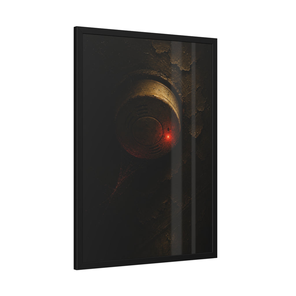 A dusty smoke detector on a peeling ceiling with its red light on. The First Red Blink by Garabaggio, framed fine art print hanging in a room.