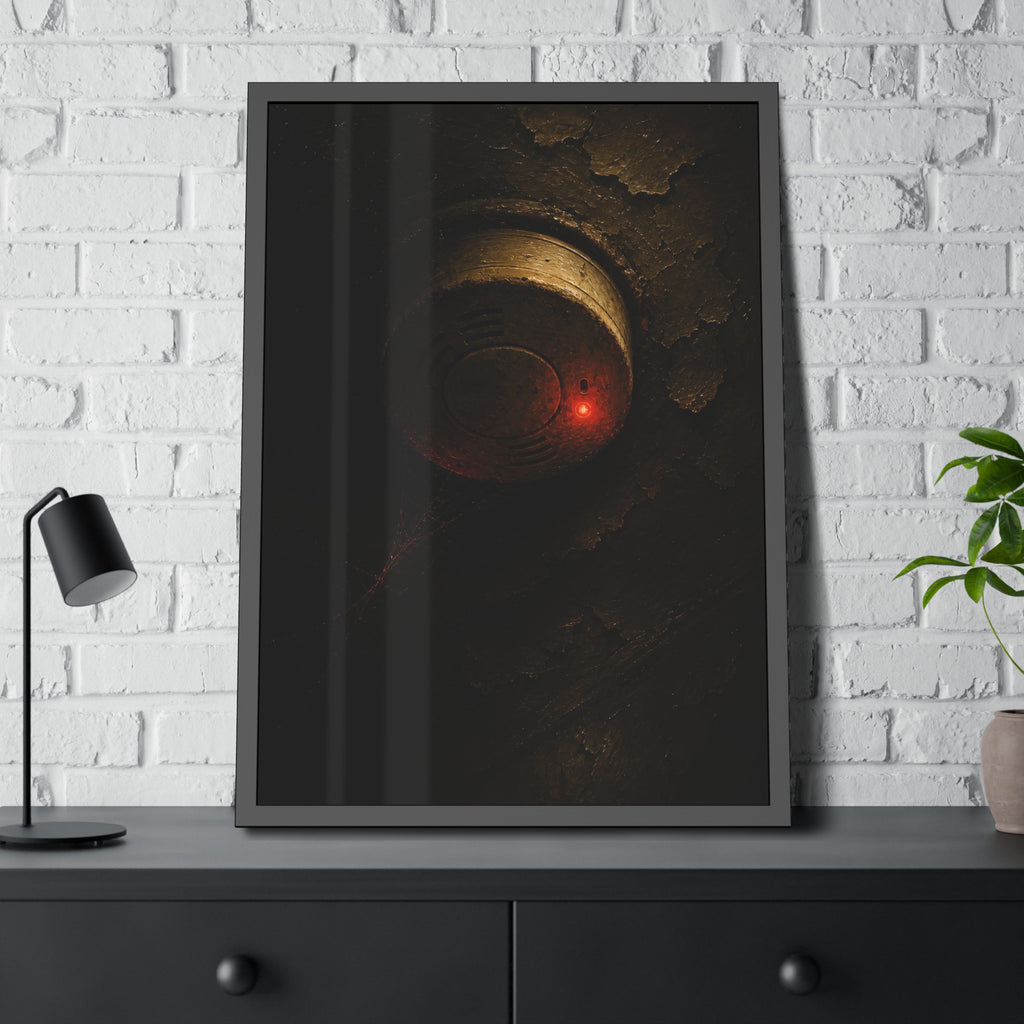 A dusty smoke detector on a peeling ceiling with its red light on. The First Red Blink by Garabaggio, framed fine art print hanging in a room.