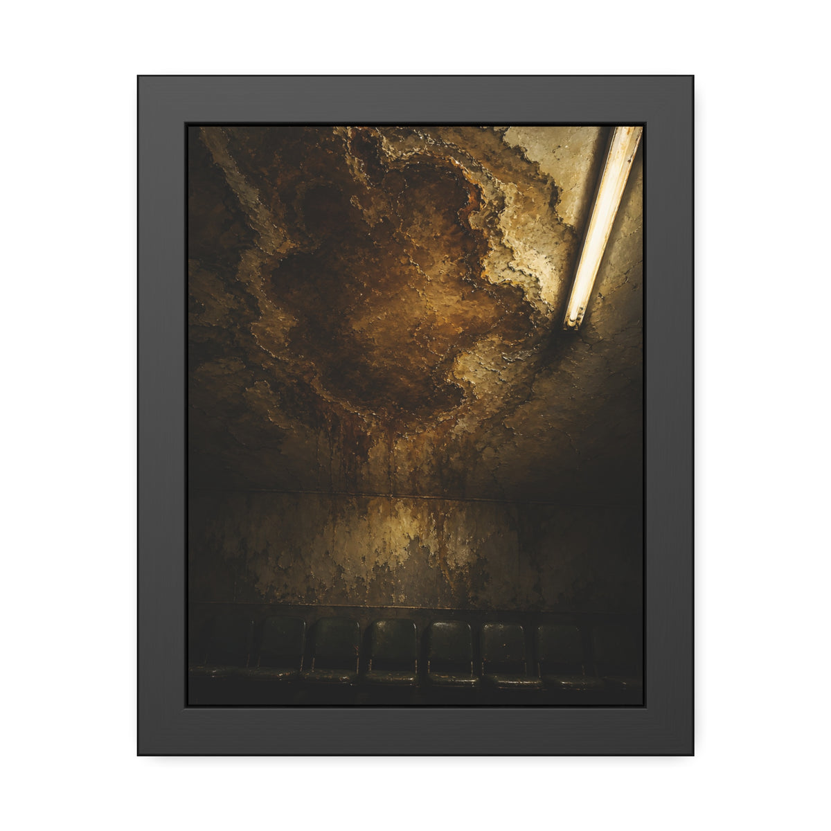 A brown water stain spreading across a ceiling above a row of chairs. The Stain Above the Row by Garabaggio, framed fine art print, 11″ x 14″.