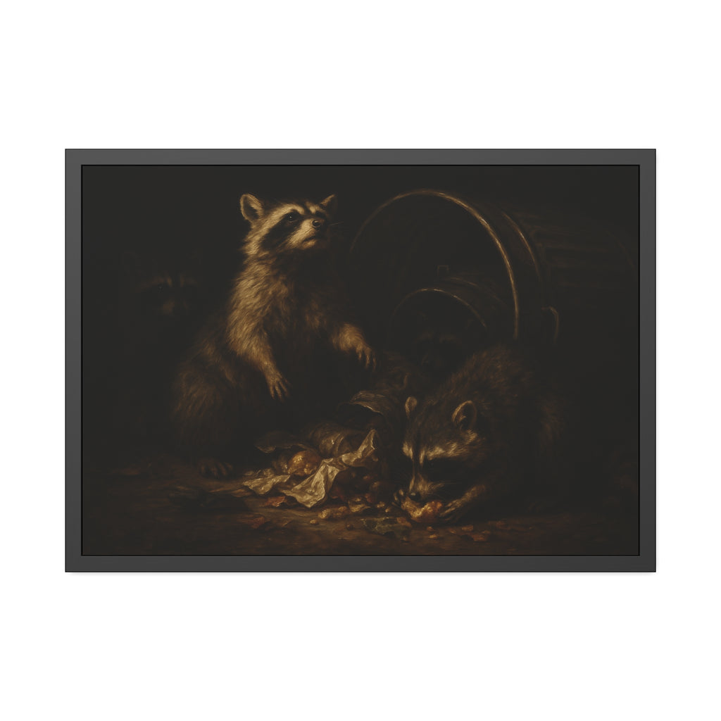 Raccoons feeding on scraps around a tipped metal trash can in the dark. The Calling of St. Trash by Garabaggio, framed fine art print hanging in a room.