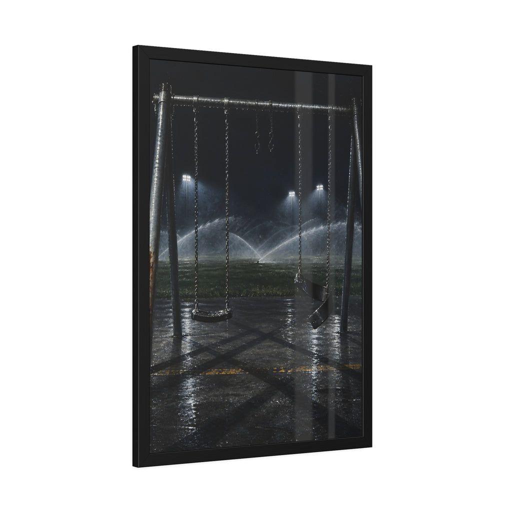 An empty swing set on wet asphalt, sprinklers arcing over the field. The Eleventh Hour: The Sprinklers by Garabaggio, framed fine art print hanging in a room.