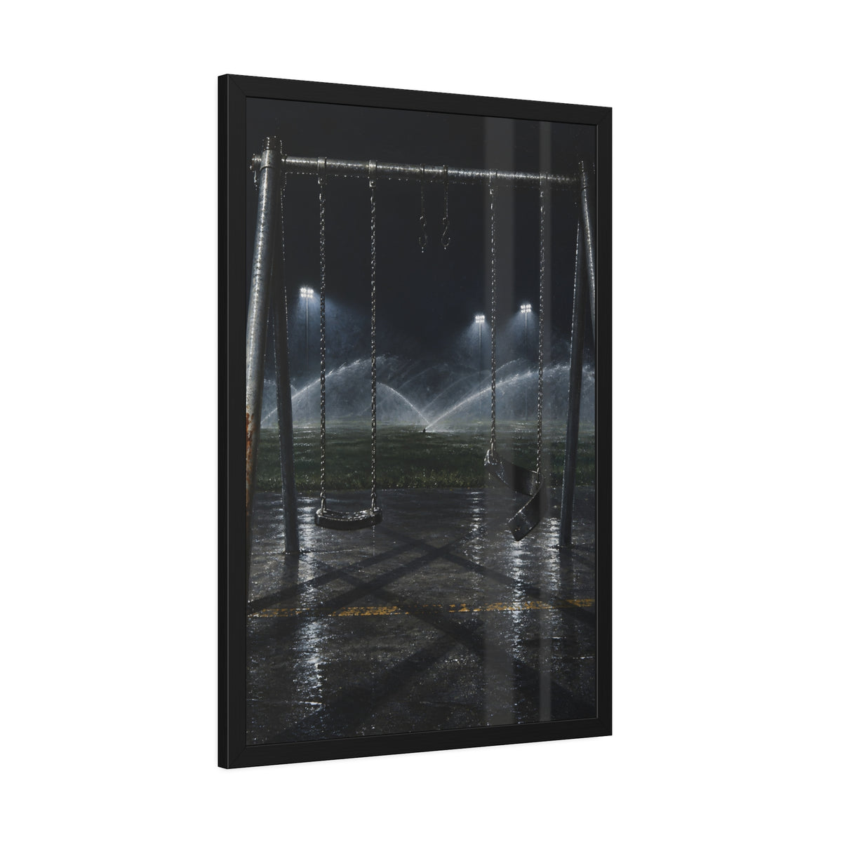 An empty swing set on wet asphalt, sprinklers arcing over the field. The Eleventh Hour: The Sprinklers by Garabaggio, framed fine art print hanging in a room.