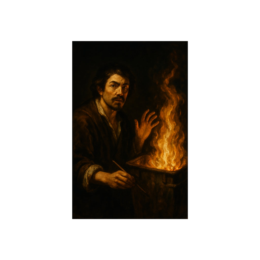 Man holding a paintbrush, his other hand raised beside tall flames. Self-Portrait with Brush and Flame by Garabaggio, fine art print hanging in a room.