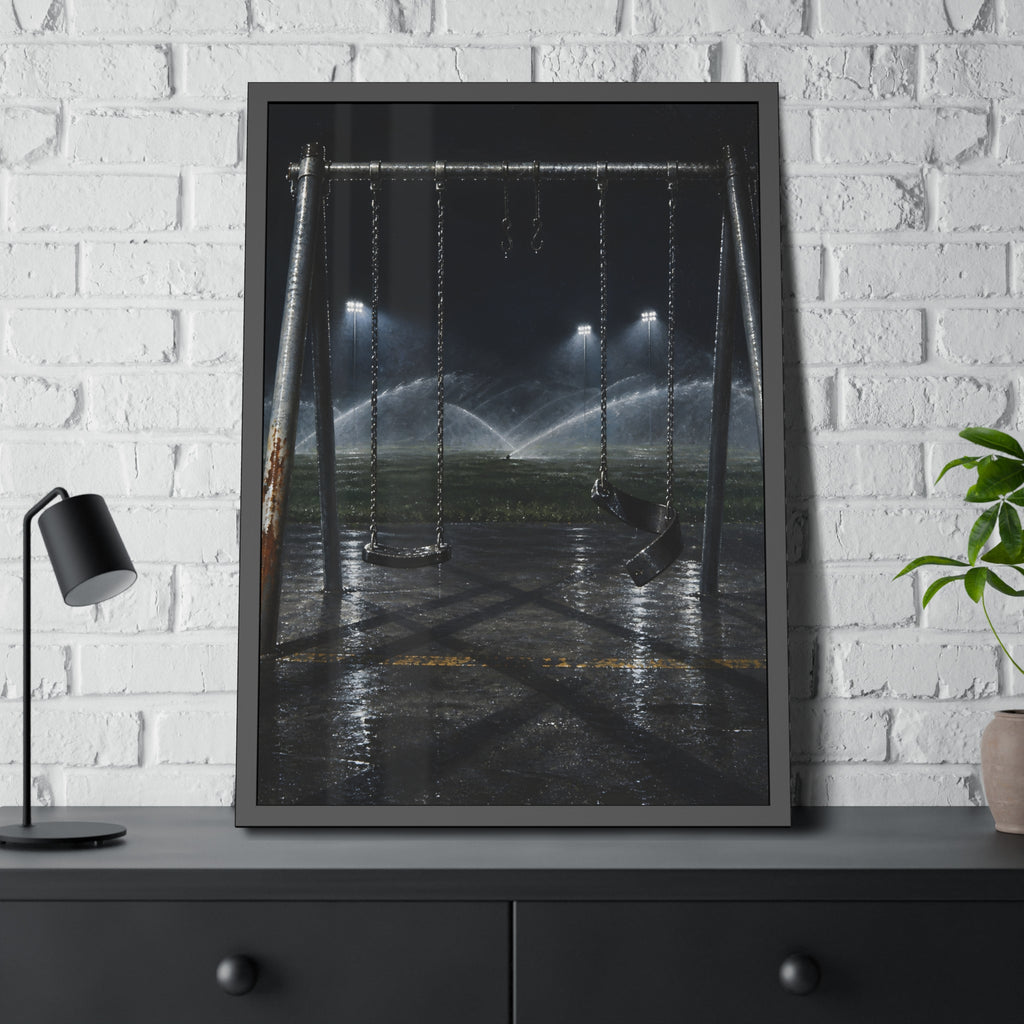 An empty swing set on wet asphalt, sprinklers arcing over the field. The Eleventh Hour: The Sprinklers by Garabaggio, framed fine art print hanging in a room.