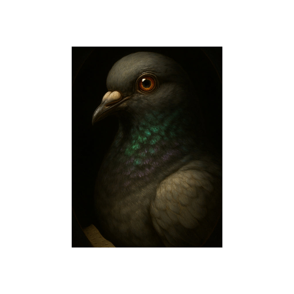 Close portrait of a pigeon with an iridescent green throat. Study of the Holy Messenger, No. 1 by Garabaggio, fine art print hanging in a room.