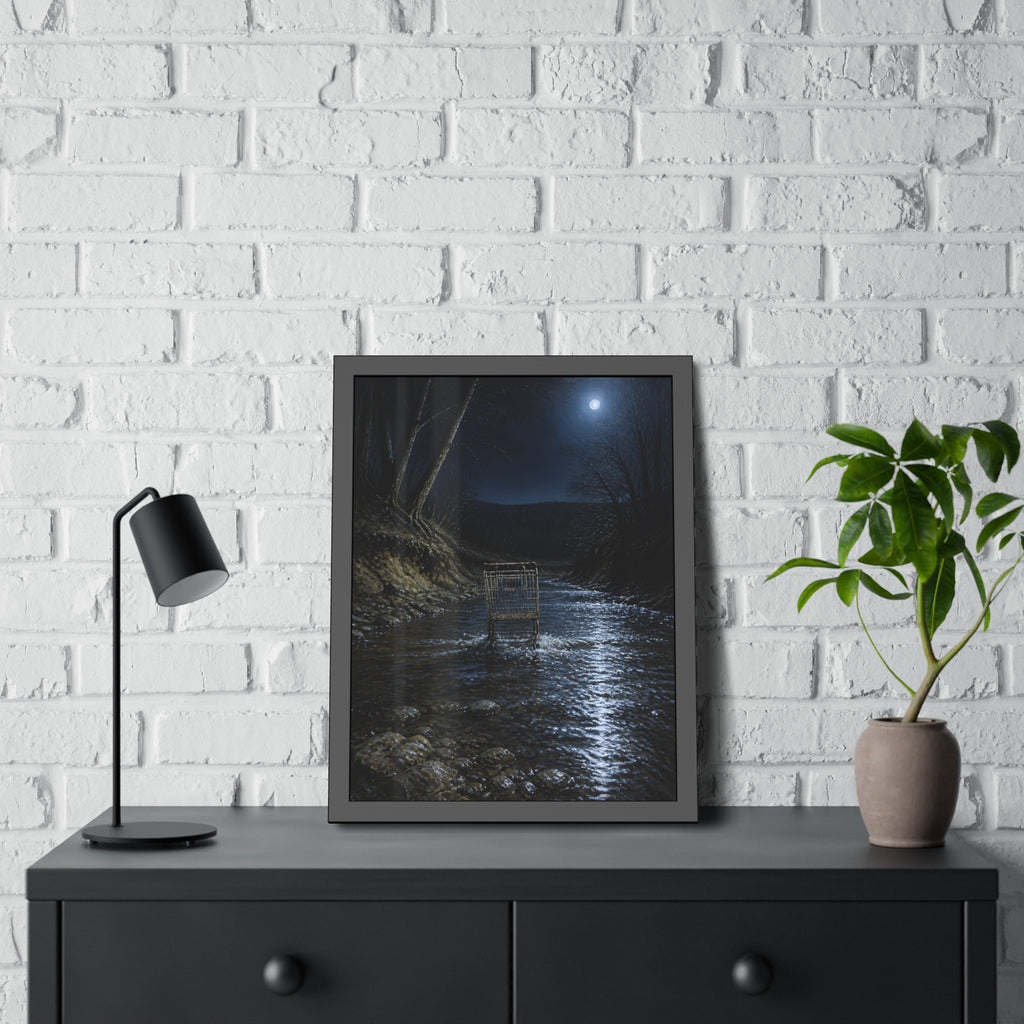 A shopping cart standing in a moonlit creek between dark trees. The Fording of the Creek by Garabaggio, framed fine art print hanging in a room.