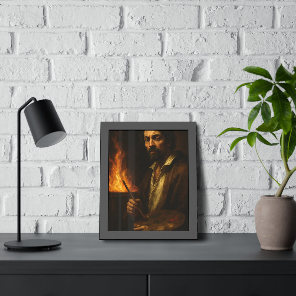Man holding a palette and brushes, a fire behind him. Self-Portrait with Palette (After Caravaggio) by Garabaggio, framed fine art print hanging in a room.
