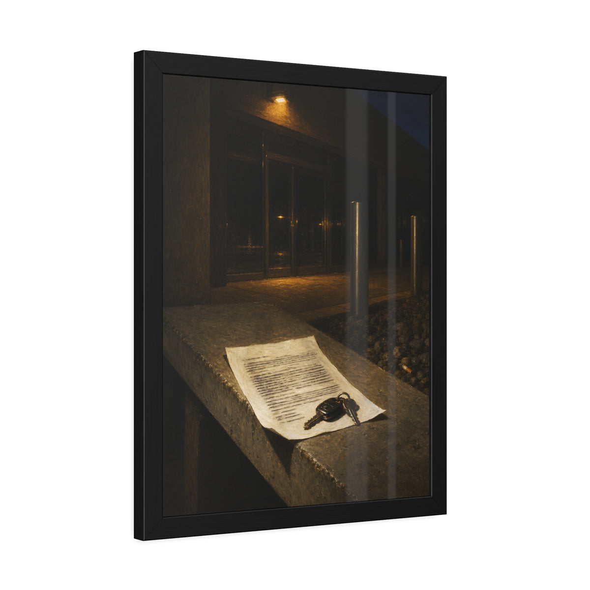 A printed page and car keys on a concrete ledge outside an office at night. The Last Email, Printed by Garabaggio, framed fine art print hanging in a room.
