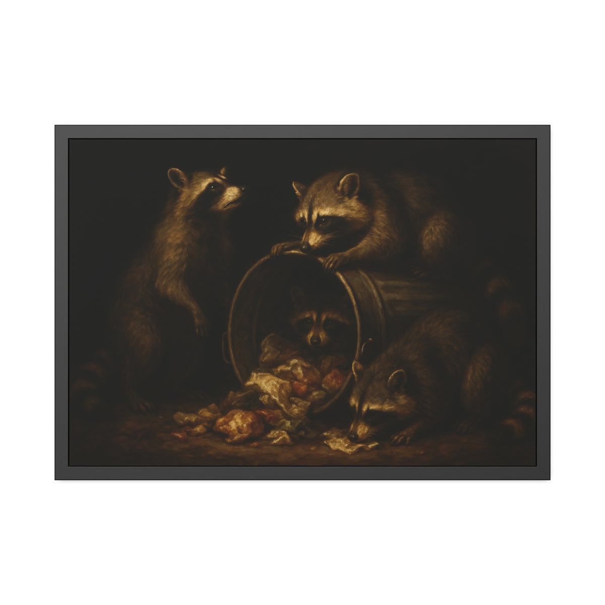Four raccoons around a tipped metal trash can spilling food scraps. The Crowning with Crumbs by Garabaggio, framed fine art print hanging in a room.
