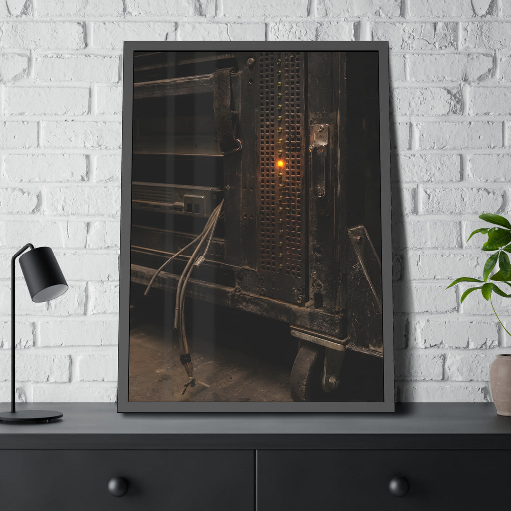A single amber light among green LEDs on a grimy server rack. The Amber Fault by Garabaggio, framed fine art print hanging in a room.