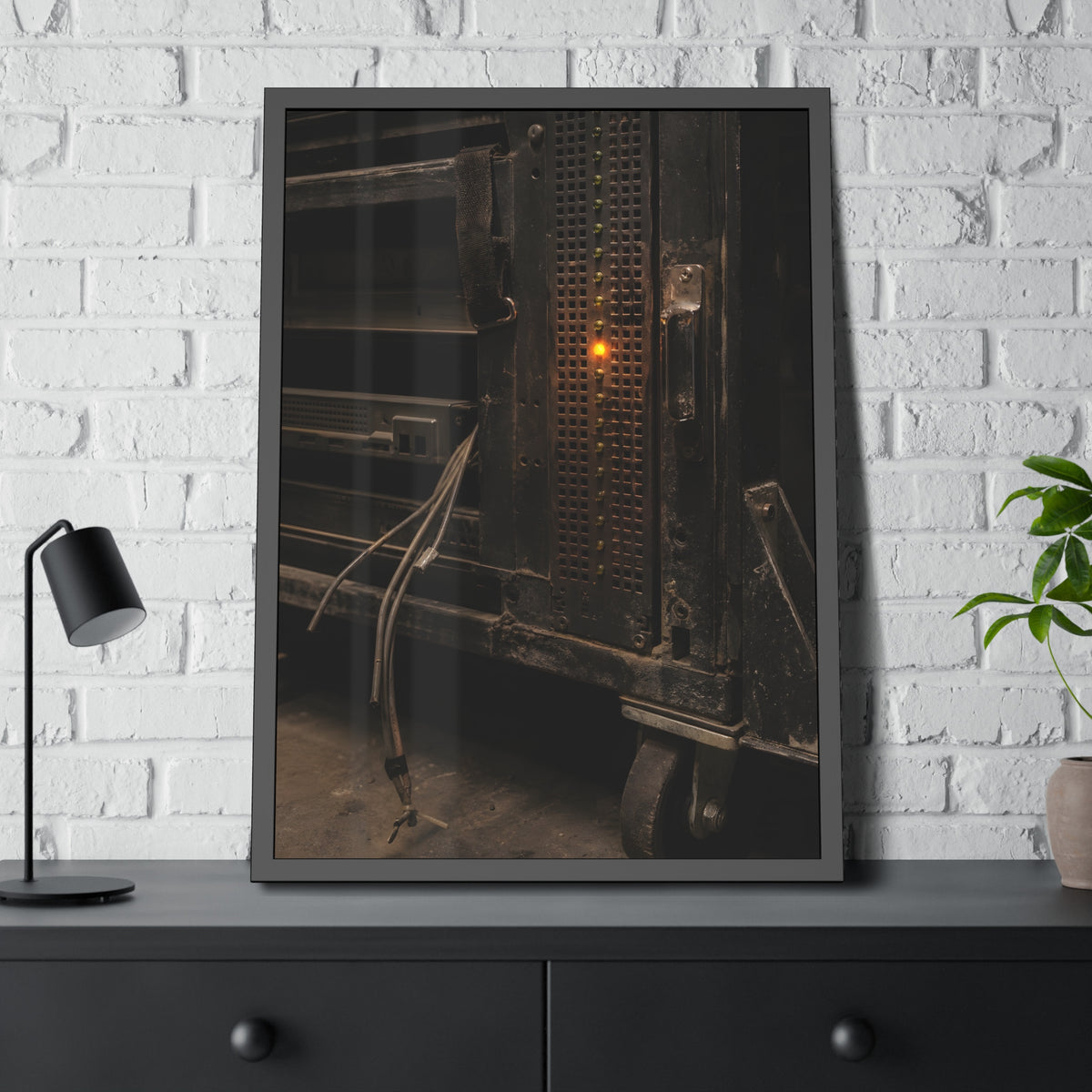 A single amber light among green LEDs on a grimy server rack. The Amber Fault by Garabaggio, framed fine art print hanging in a room.