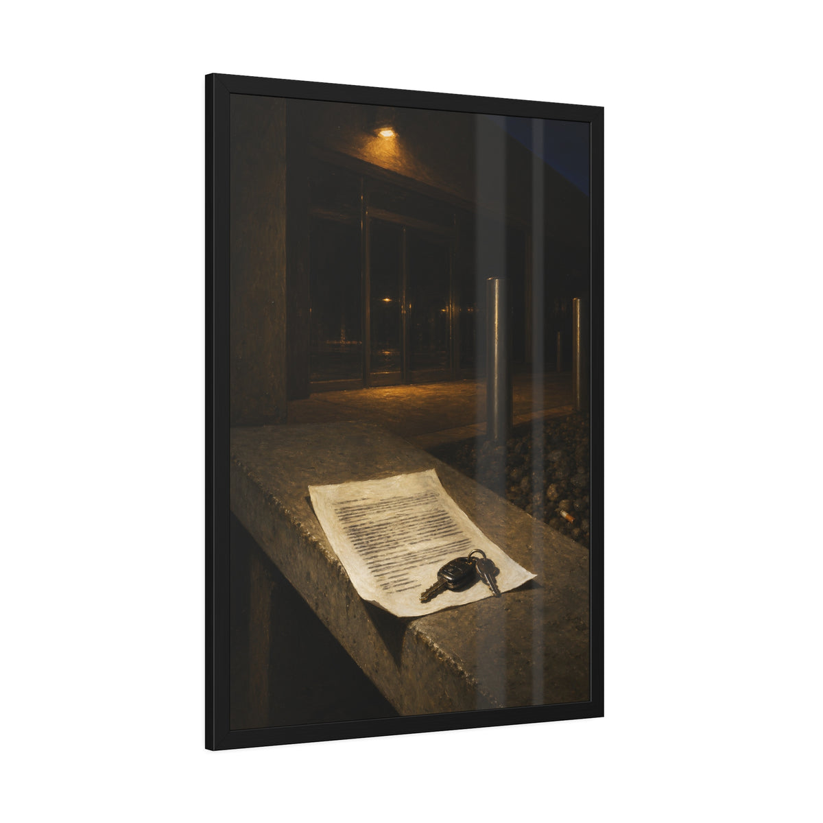 A printed page and car keys on a concrete ledge outside an office at night. The Last Email, Printed by Garabaggio, framed fine art print hanging in a room.